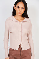 Pink ribbed button front off shoulder jumper_3