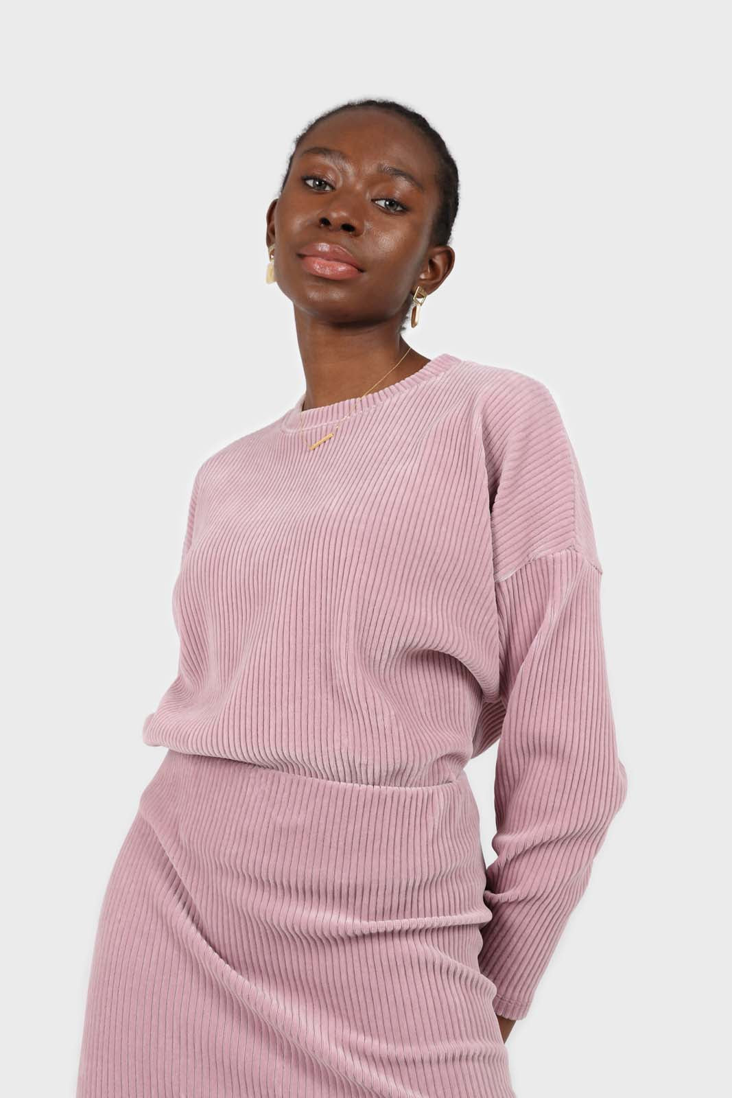 Pink ribbed velvet long sleeved top_1