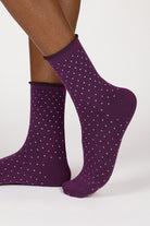 Purple and white polka dot roll trim socks_1