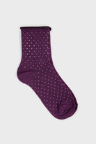 Purple and white polka dot roll trim socks_3