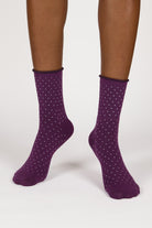 Purple and white polka dot roll trim socks_2