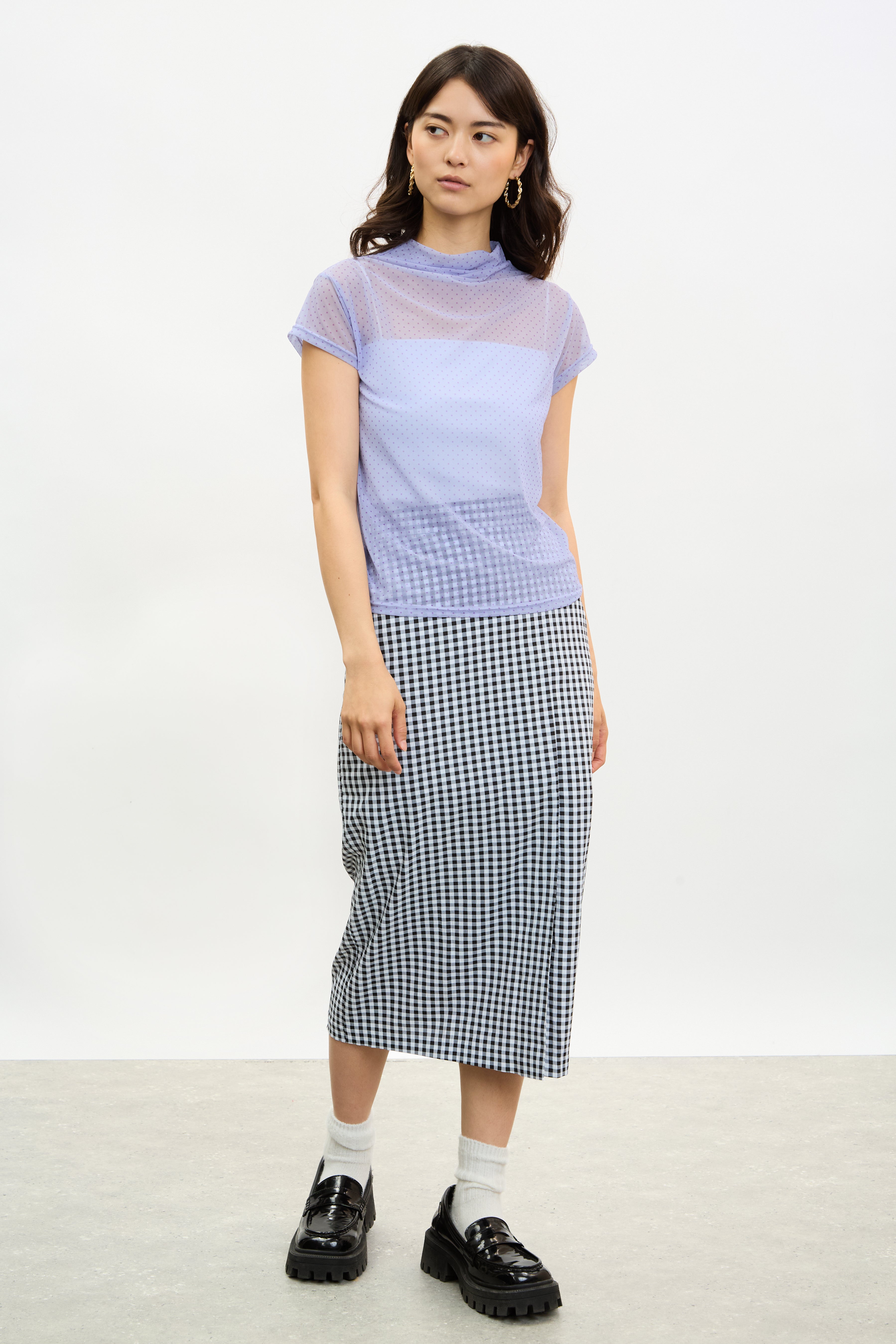 Purple polka dot sheer short sleeve top_5