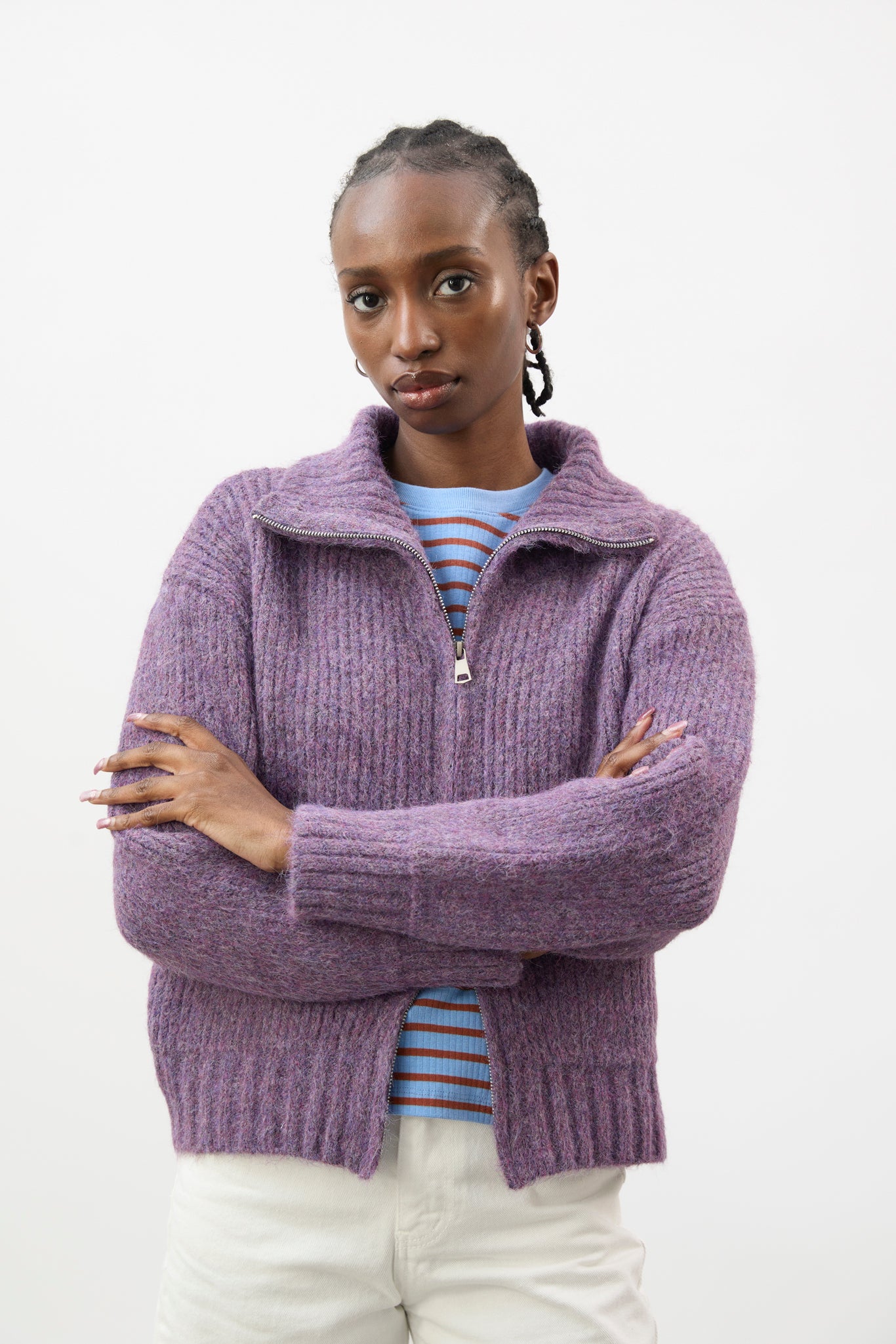 Purple wool blend ribbed zip up cardigan_1