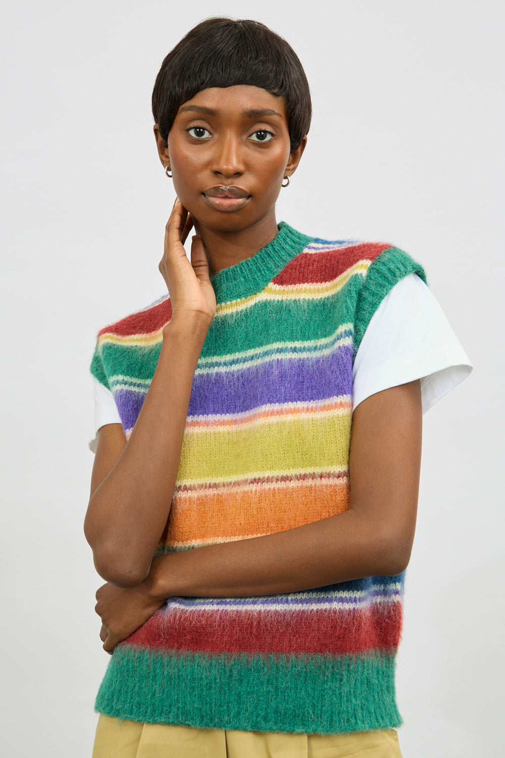 Rainbow block striped wool blend sweater vest