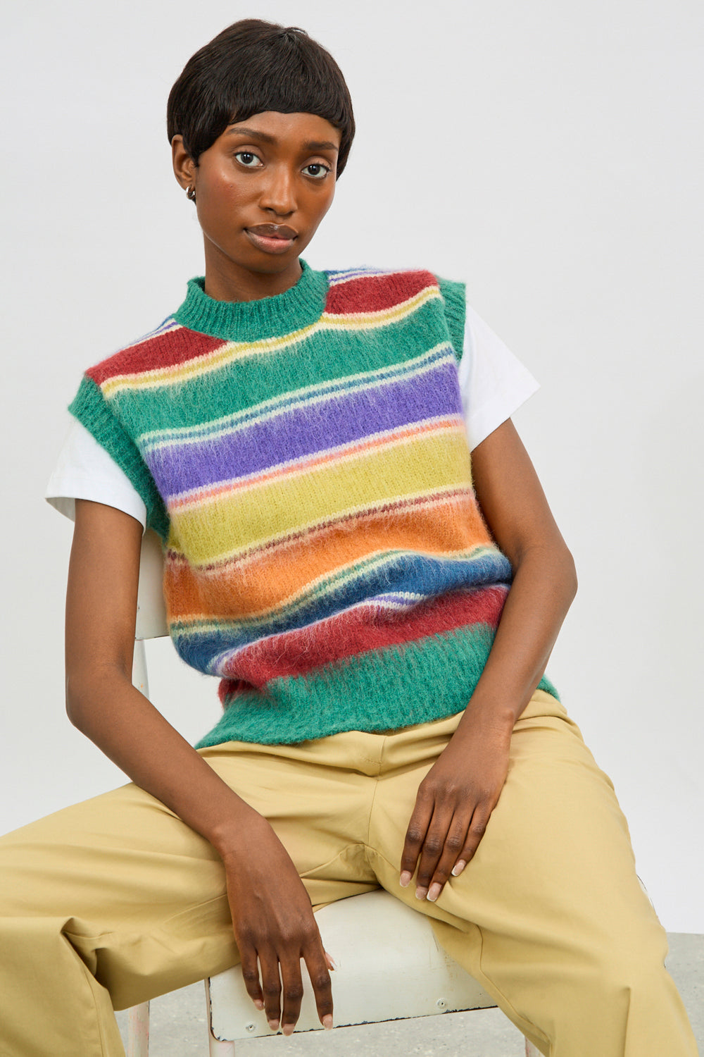 Rainbow block striped wool blend sweater vest