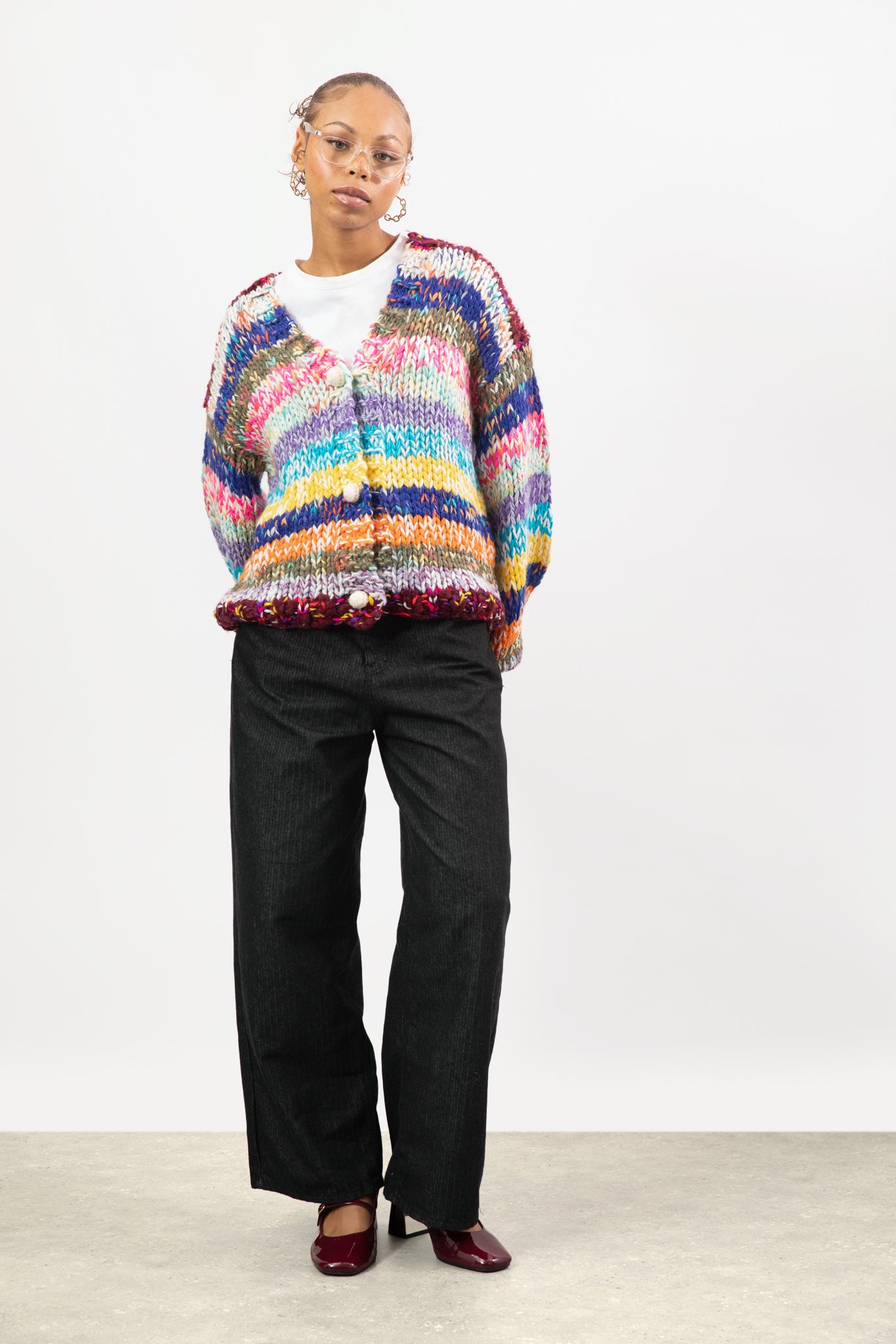 Rainbow striped wool blend pearl button cardigan_4