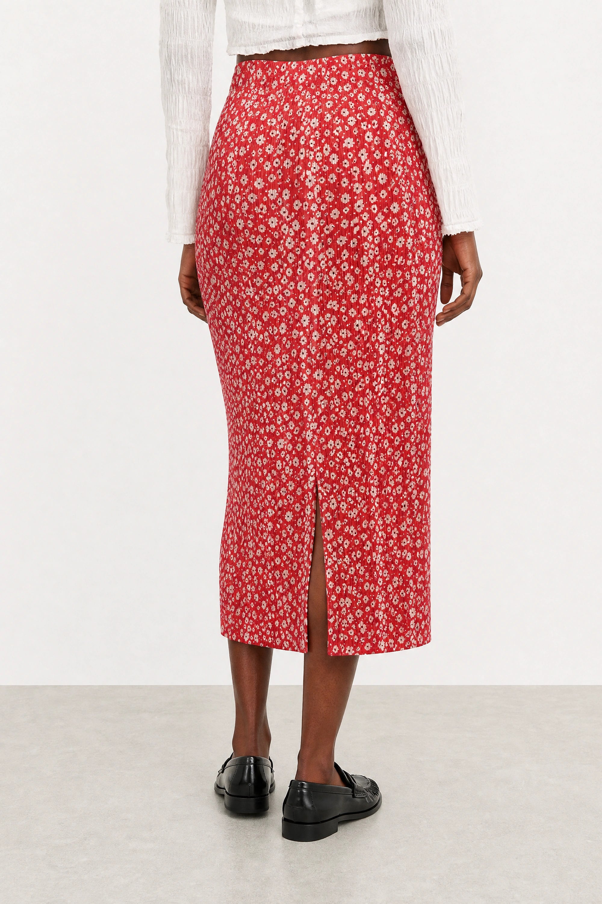 Red and white ditsy floral ribbed skirt_2