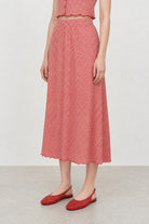 Red and white gingham lettuce trim pencil skirt_1