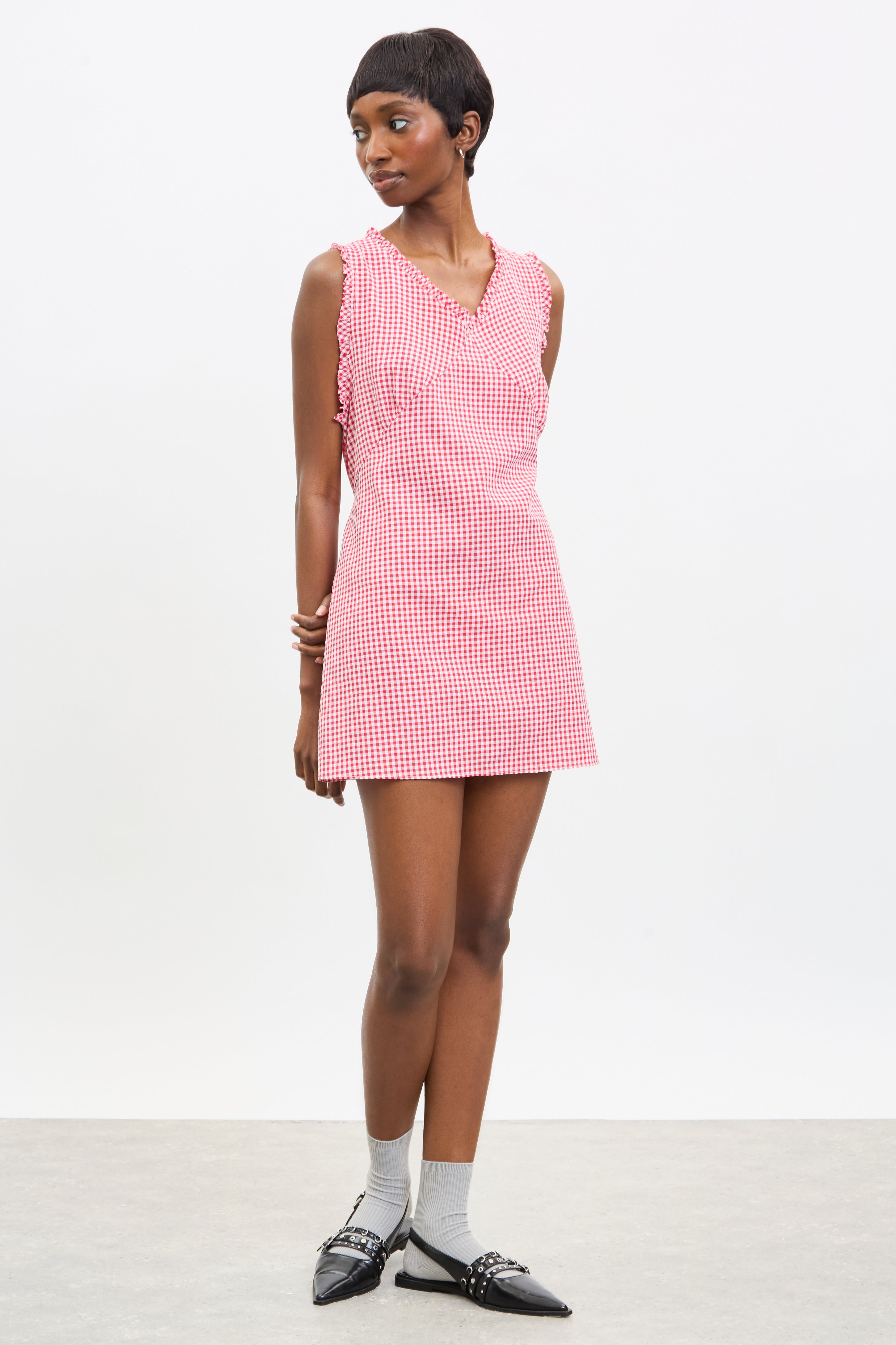 Red And Ivory Gingham Ruffle Trim Mini Dress | S/m