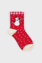Red and white gingham trim snowman socks_1