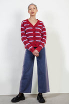 Red and pink striped alpaca wool blend cardigan_2