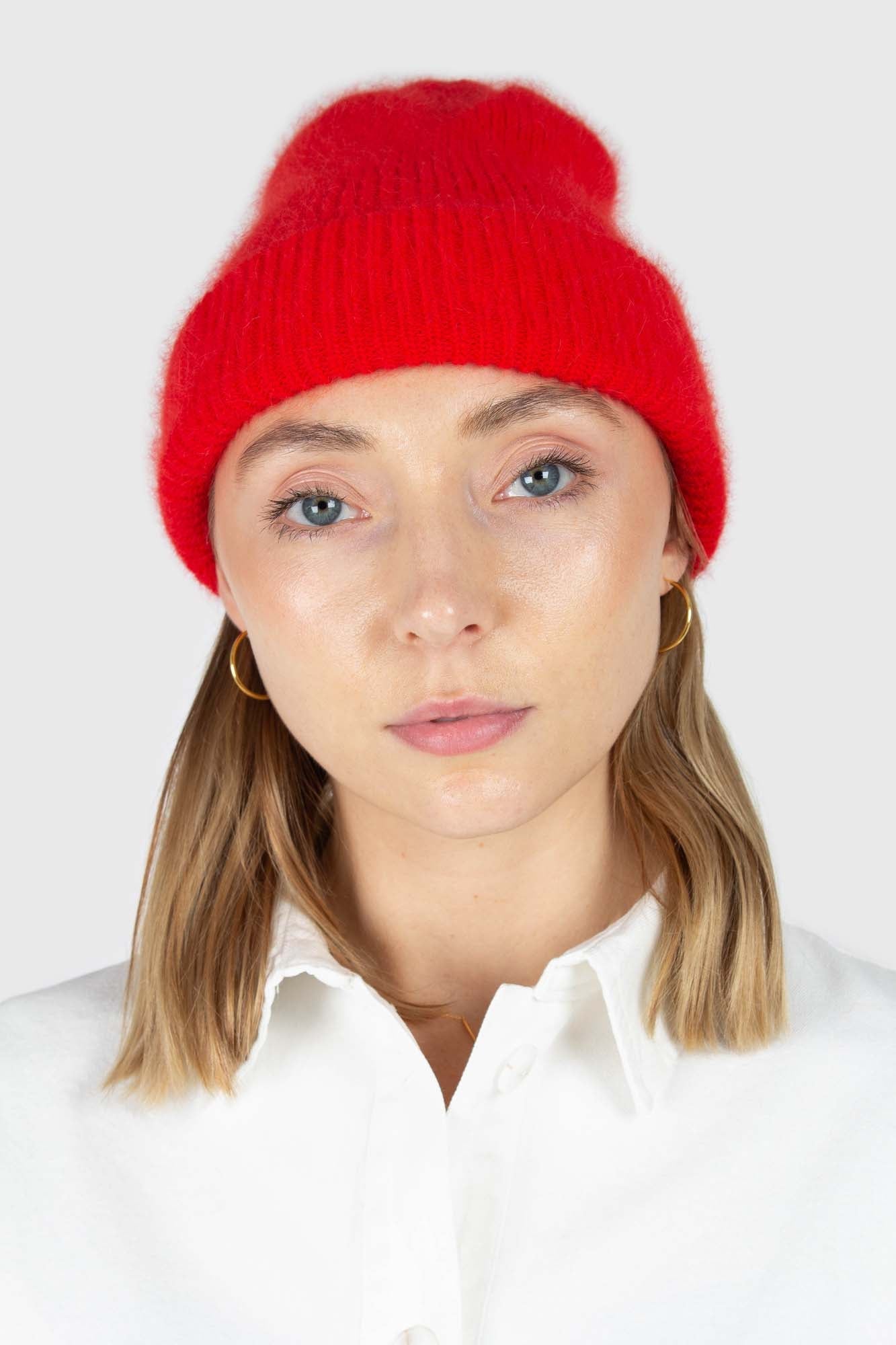 Red mohair beanie hat