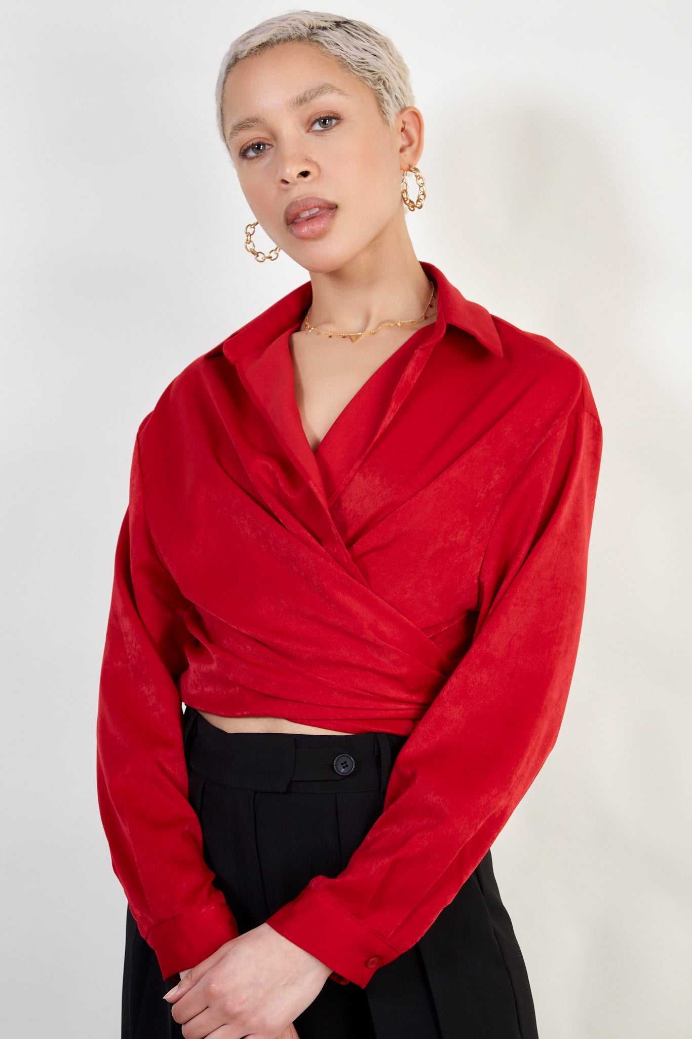 Red silky plunging tie front shirt