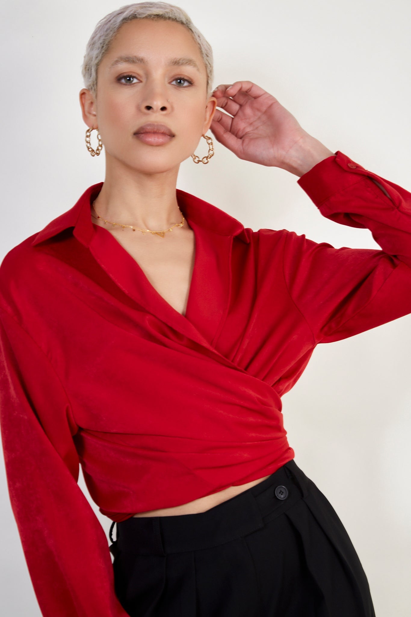 Red silky plunging tie front shirt