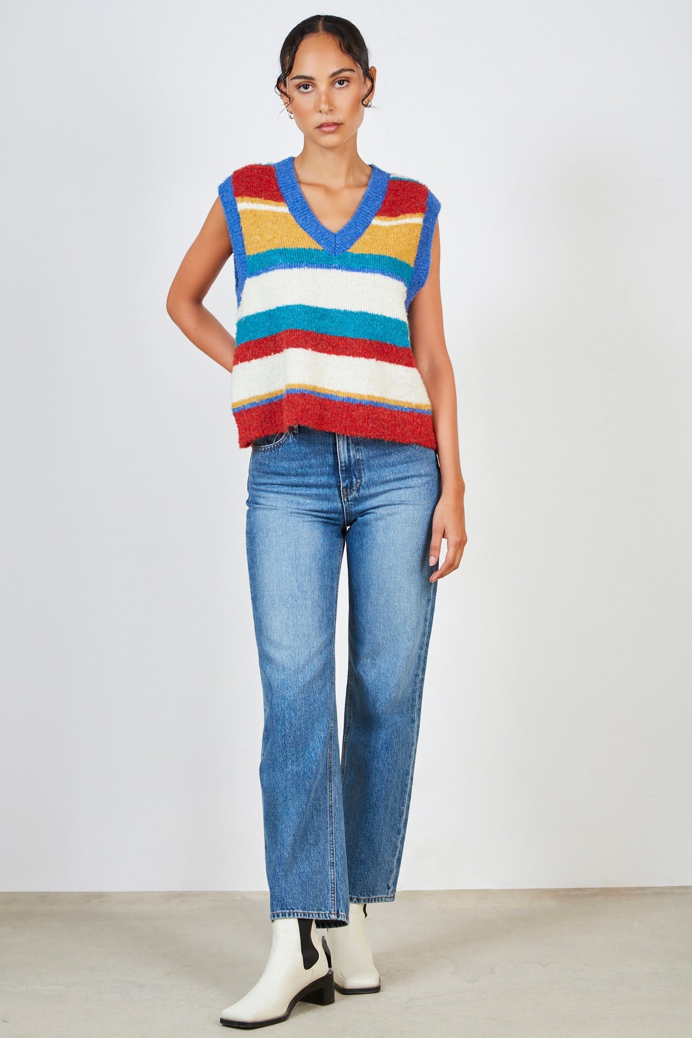 Red yellow green and blue block stripe sweater vest