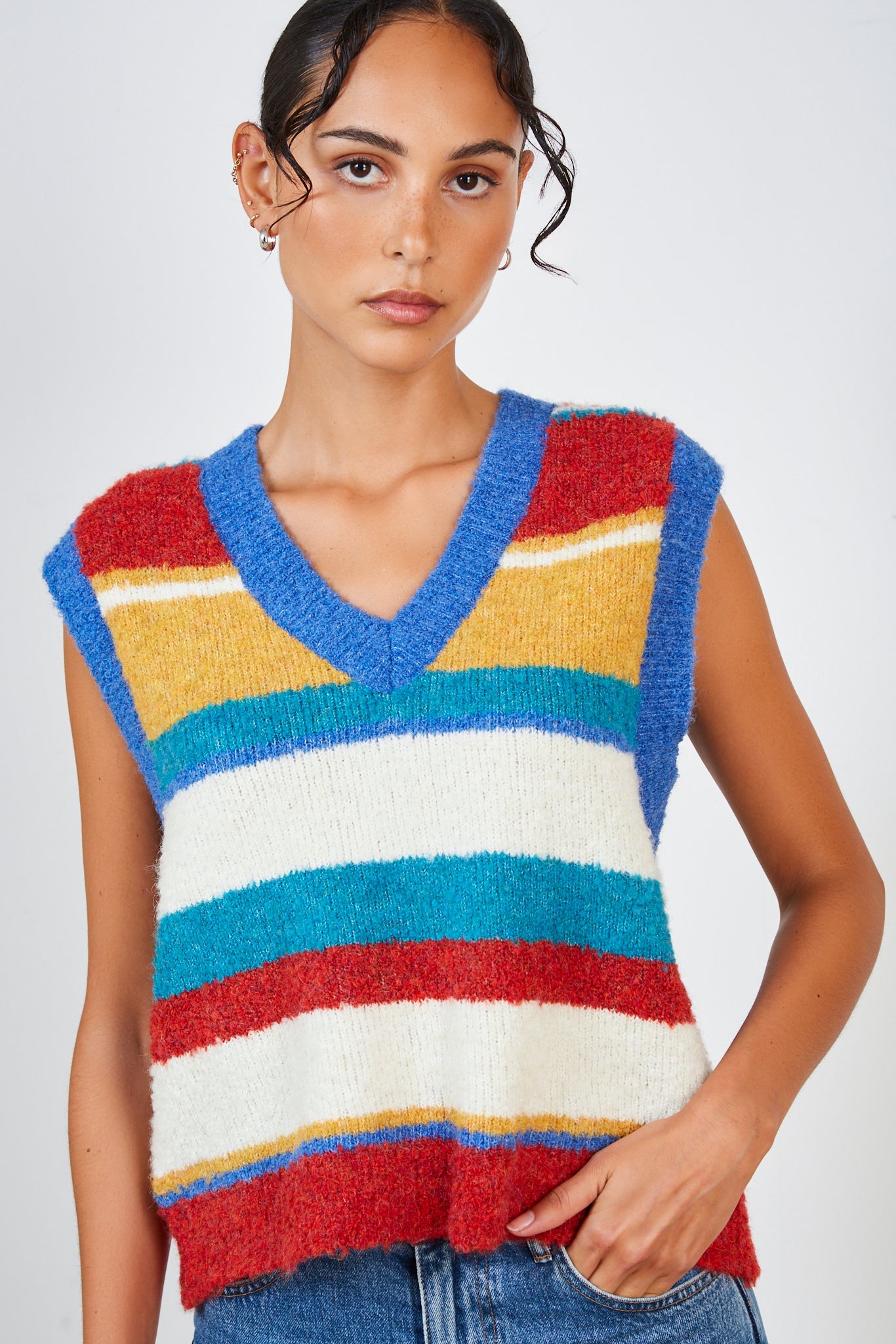 Red yellow green and blue block stripe sweater vest