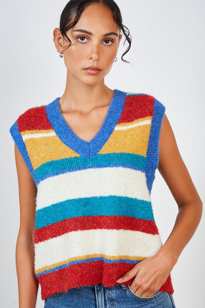 Red yellow green and blue block stripe sweater vest | Glassworks