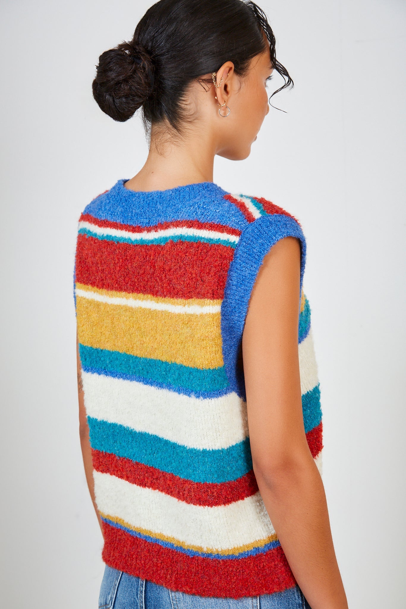 Red yellow green and blue block stripe sweater vest