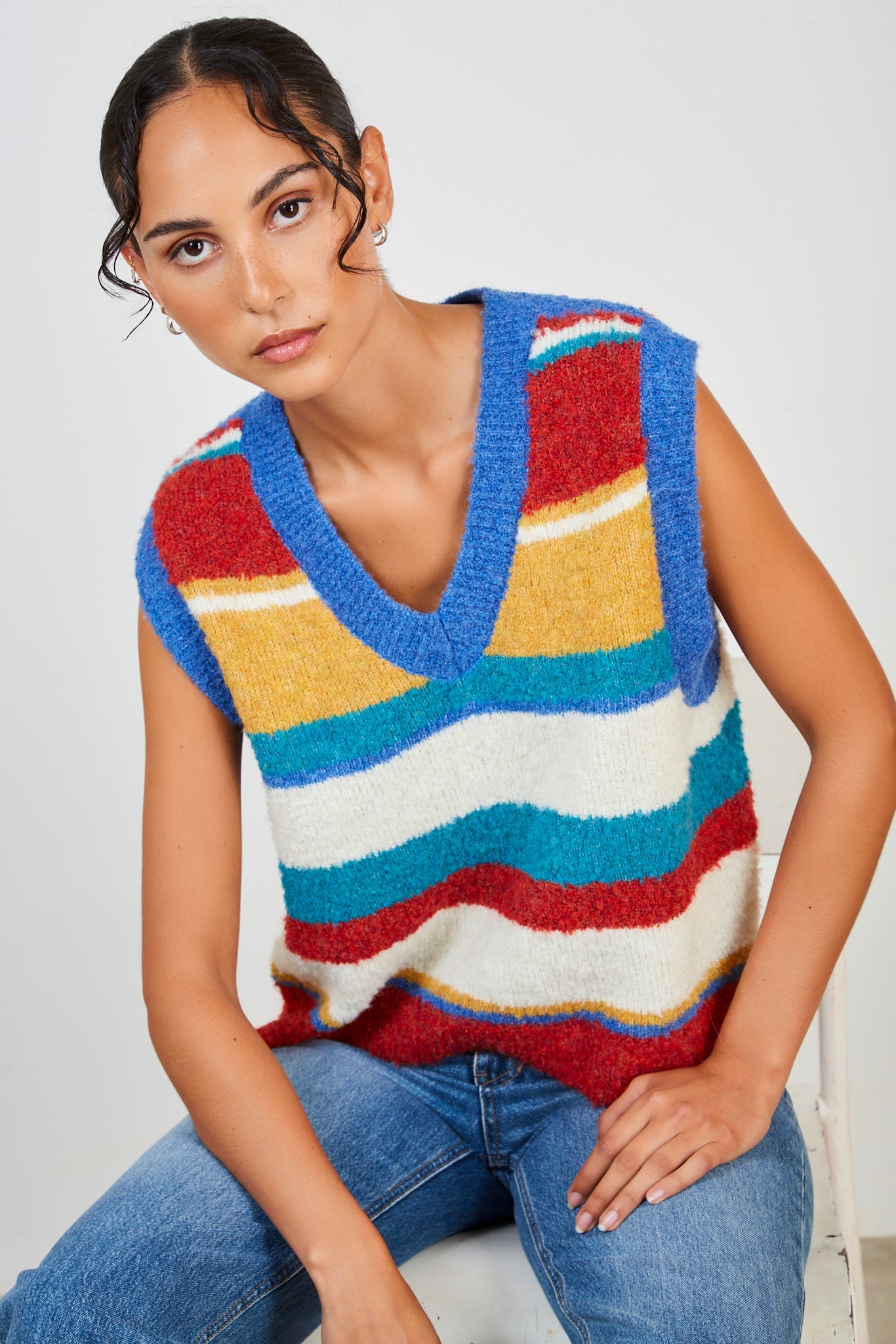 Red yellow green and blue block stripe sweater vest