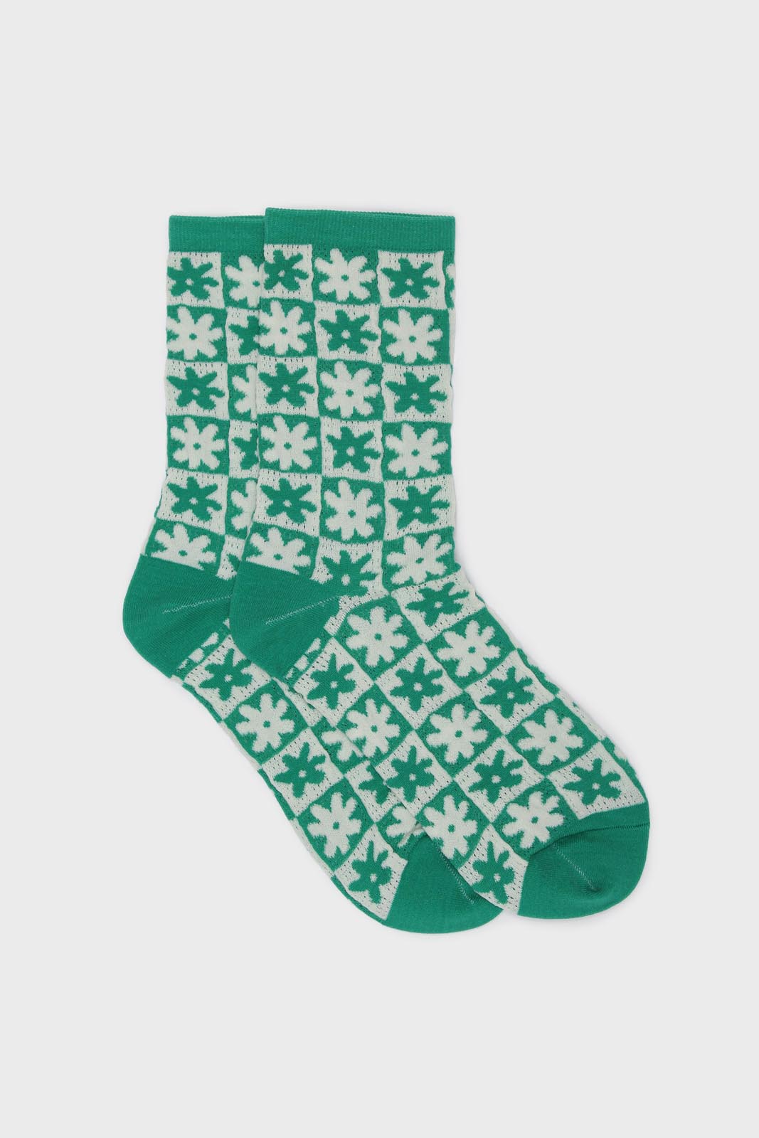 Green and white daisy checked socks_1
