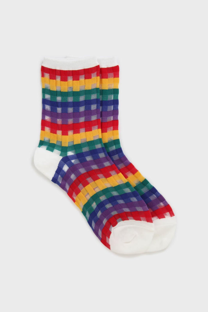 White rainbow grid check sheer socks_1