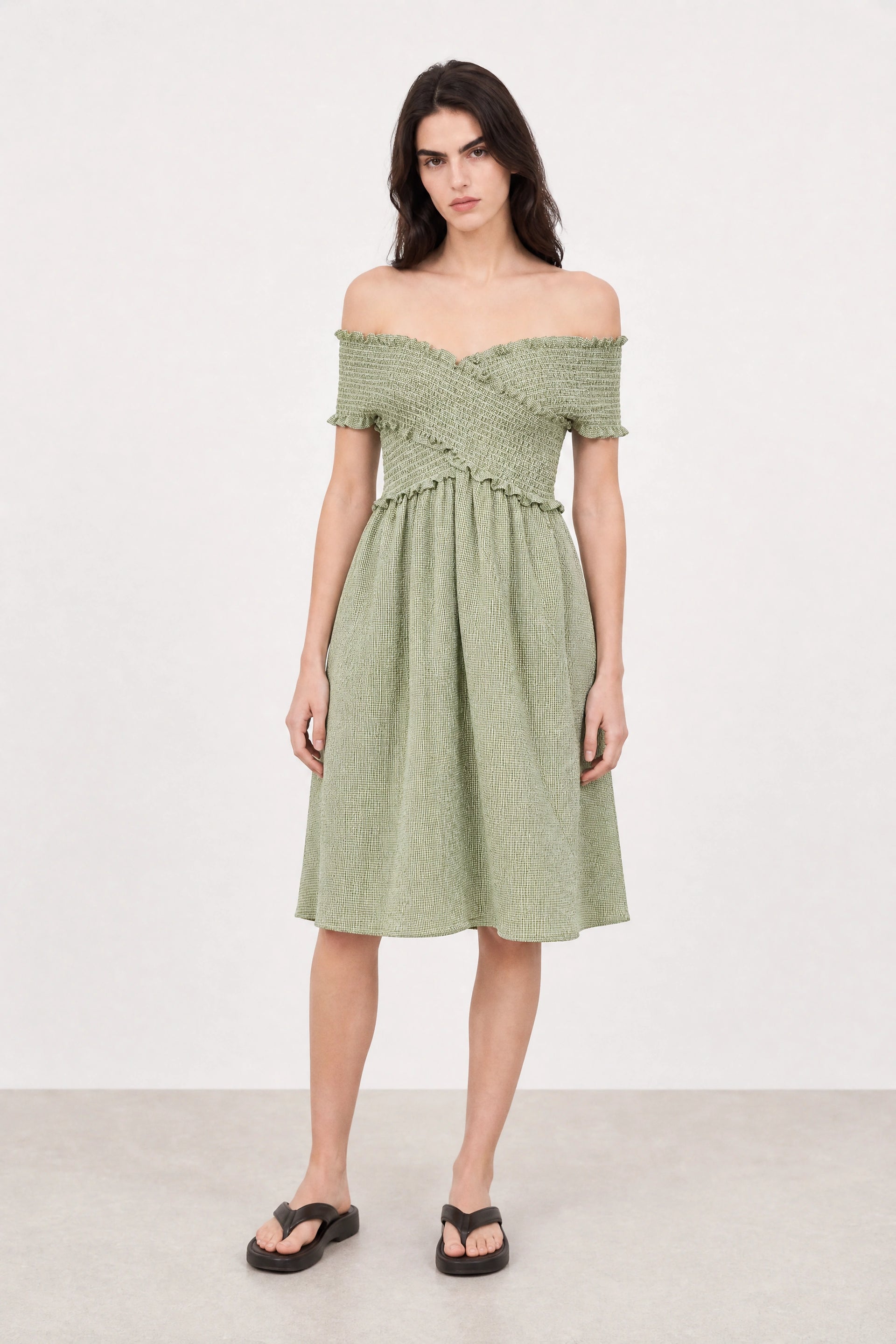 Sage green and white mini check ruched off shoulder dress