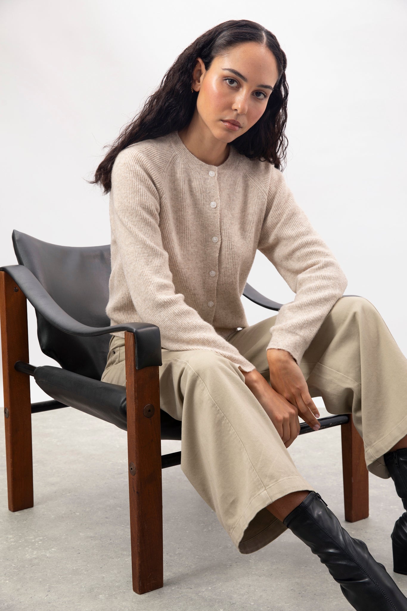 Oatmeal wool blend round neck button up cardigan_5