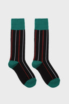 Black and red striped green trim socks_3