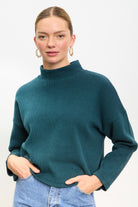 Teal micro ribbed mock neck top_1