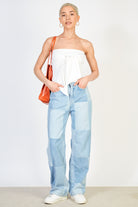 White and black horiztonal strip tie front strapless top_4