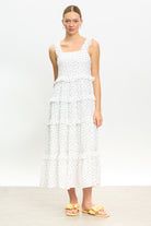White and black polka dot ruffle trim tiered dress_1