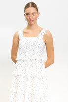 White and black polka dot ruffle trim tiered dress_3