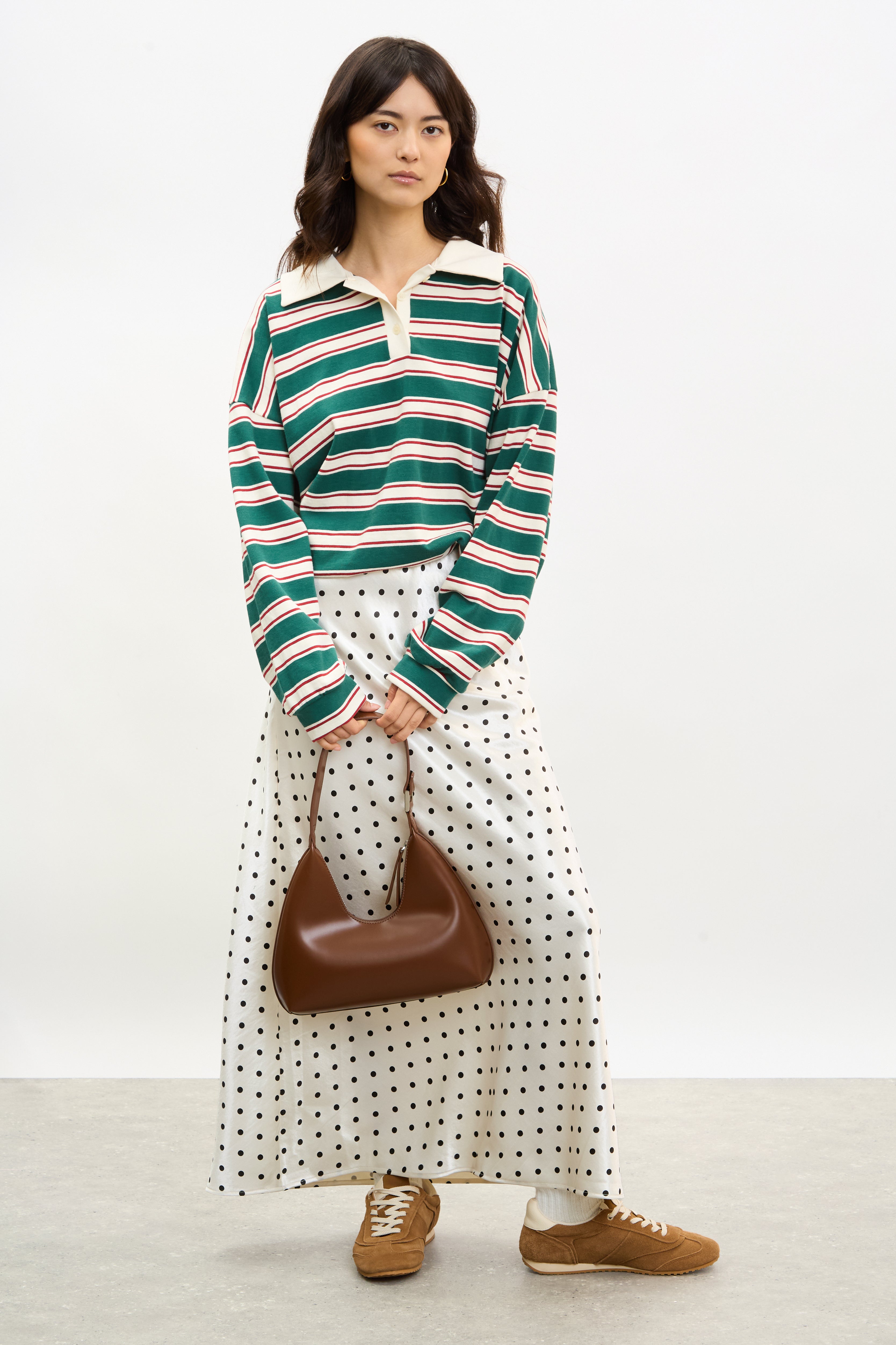 White and black polka dot satin touch skirt | Glassworks London