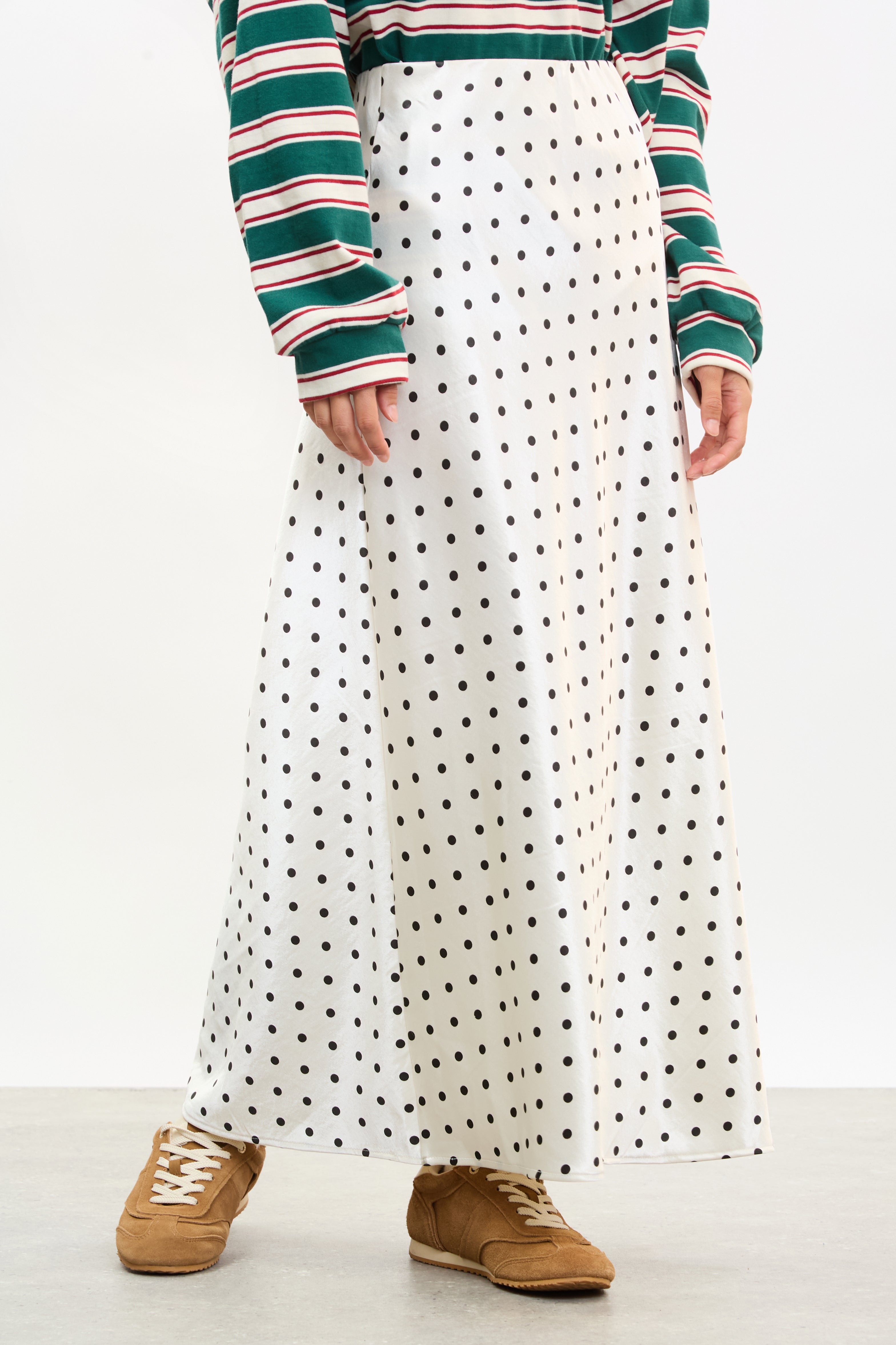 White and black polka dot satin touch skirt | Glassworks London