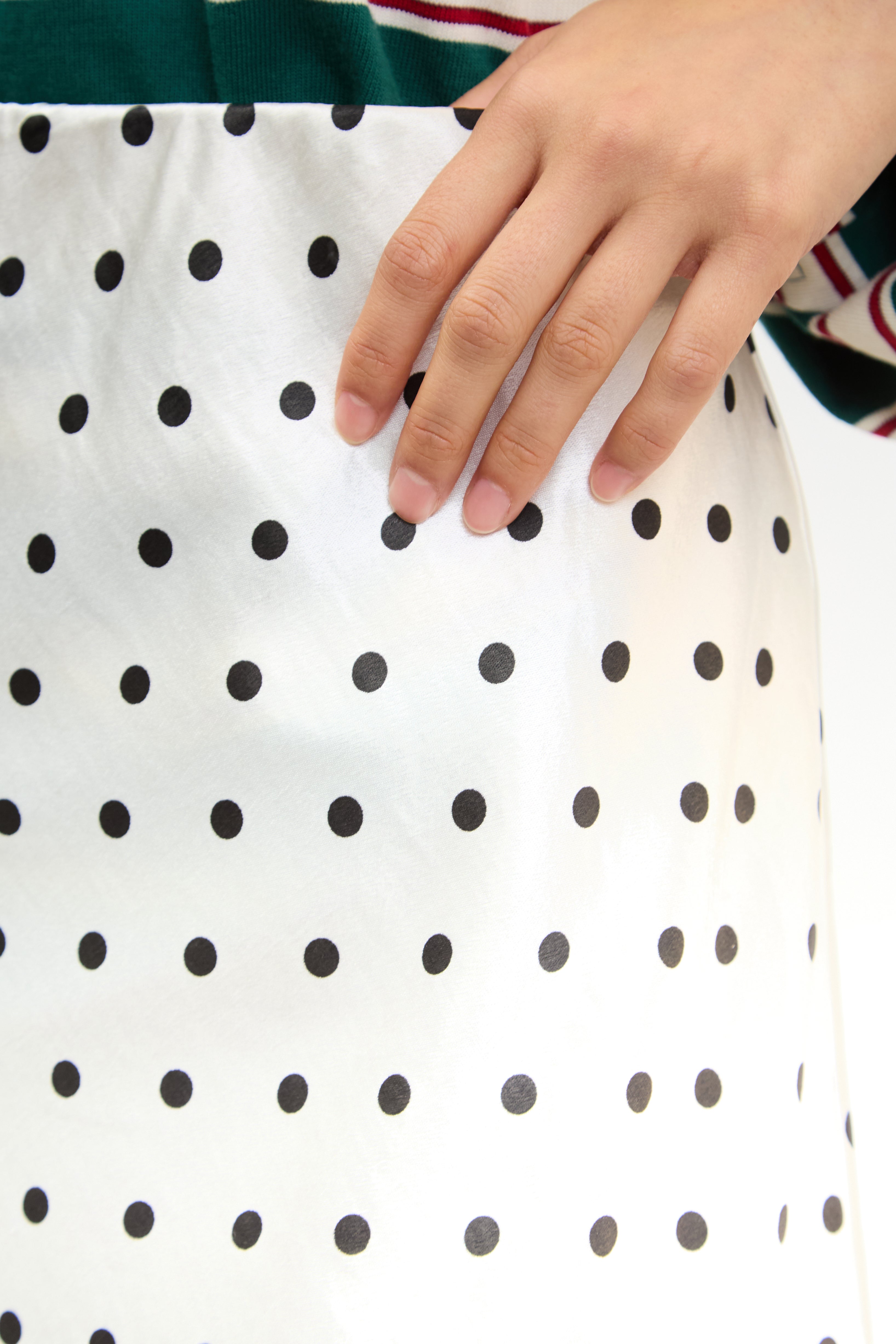 White and black polka dot satin touch skirt | Glassworks London