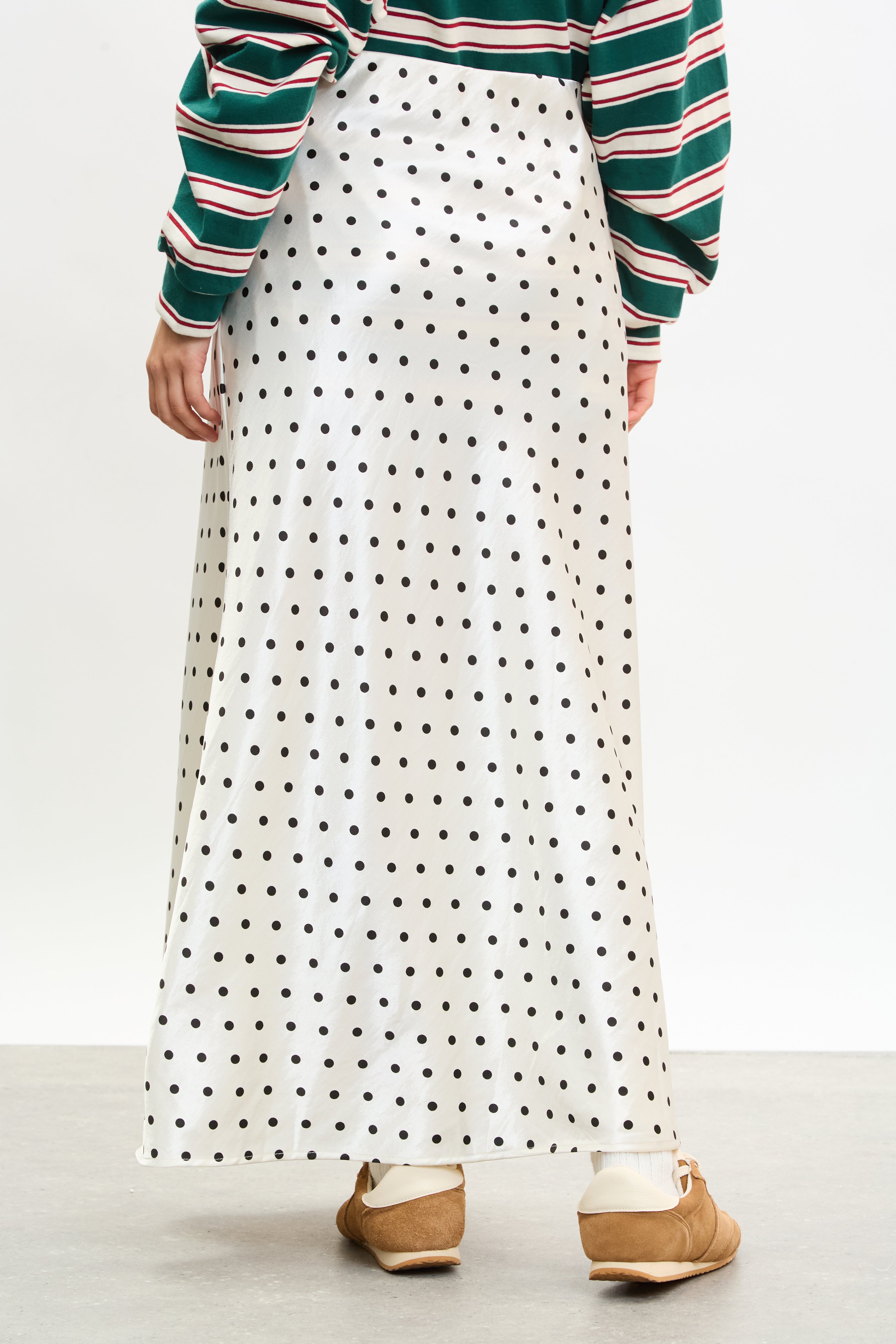 White and black polka dot satin touch skirt | Glassworks London