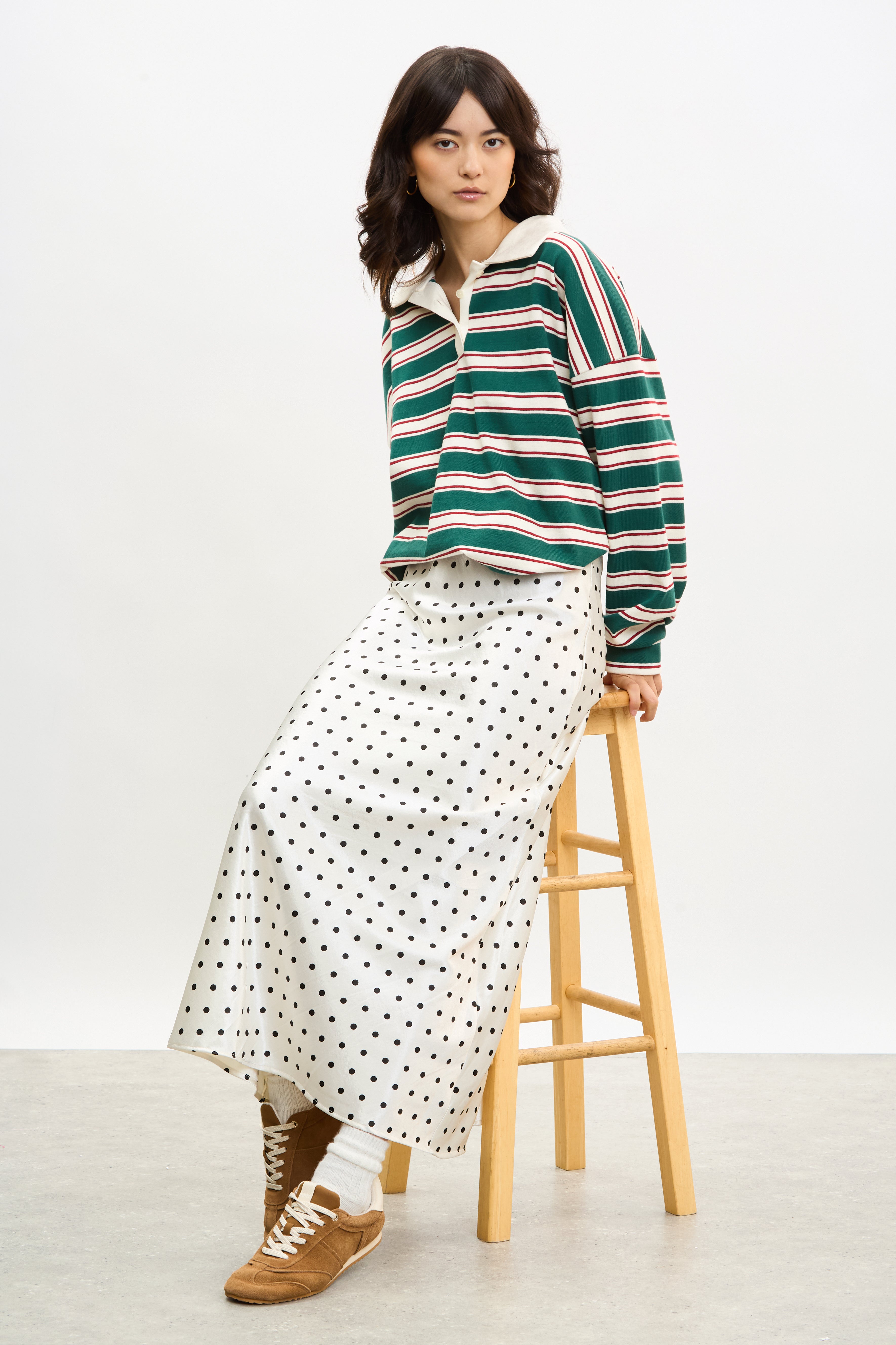 White and black polka dot satin touch skirt | Glassworks London