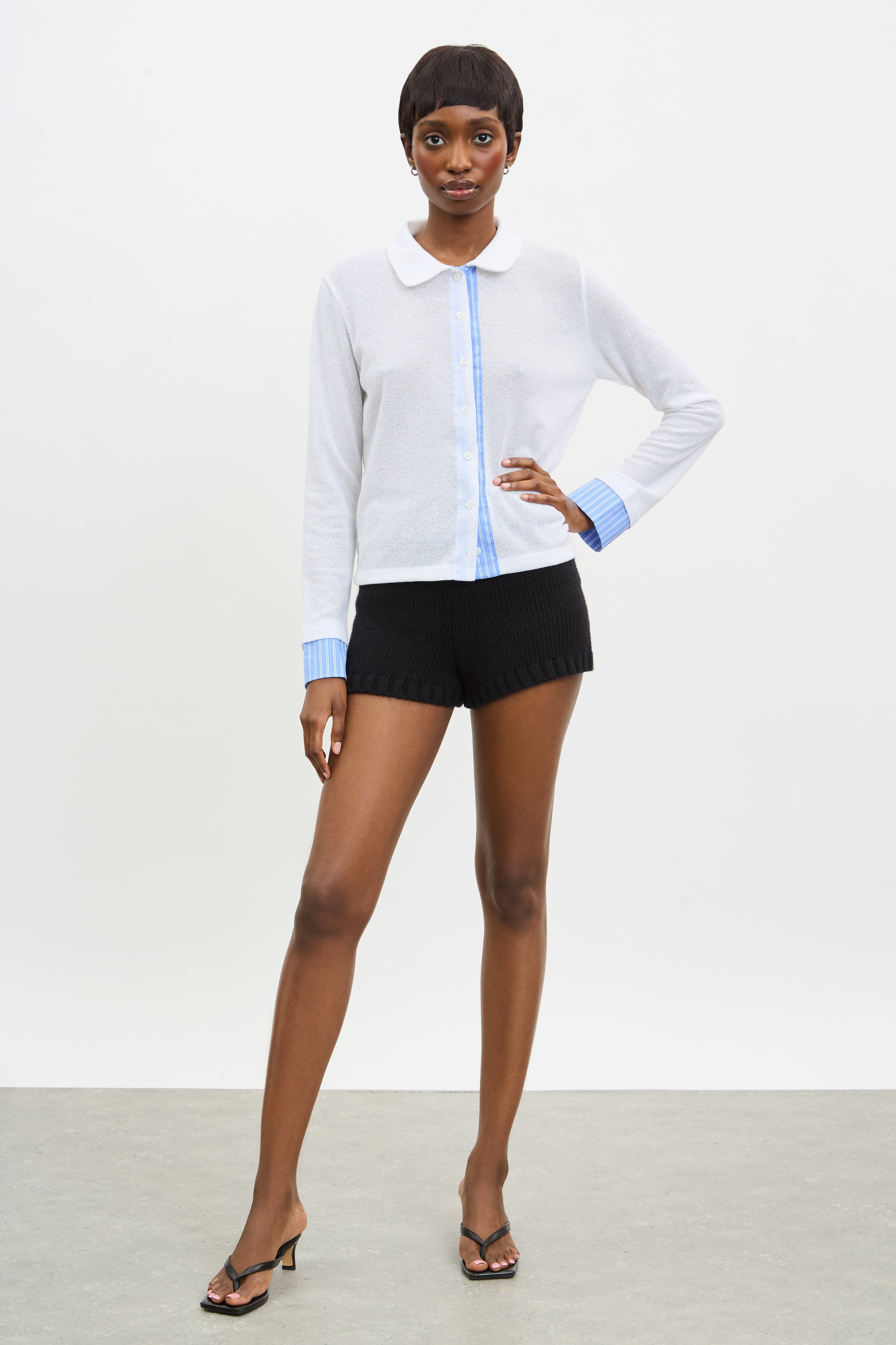 White and blue striped contrast trim button up shirt_4