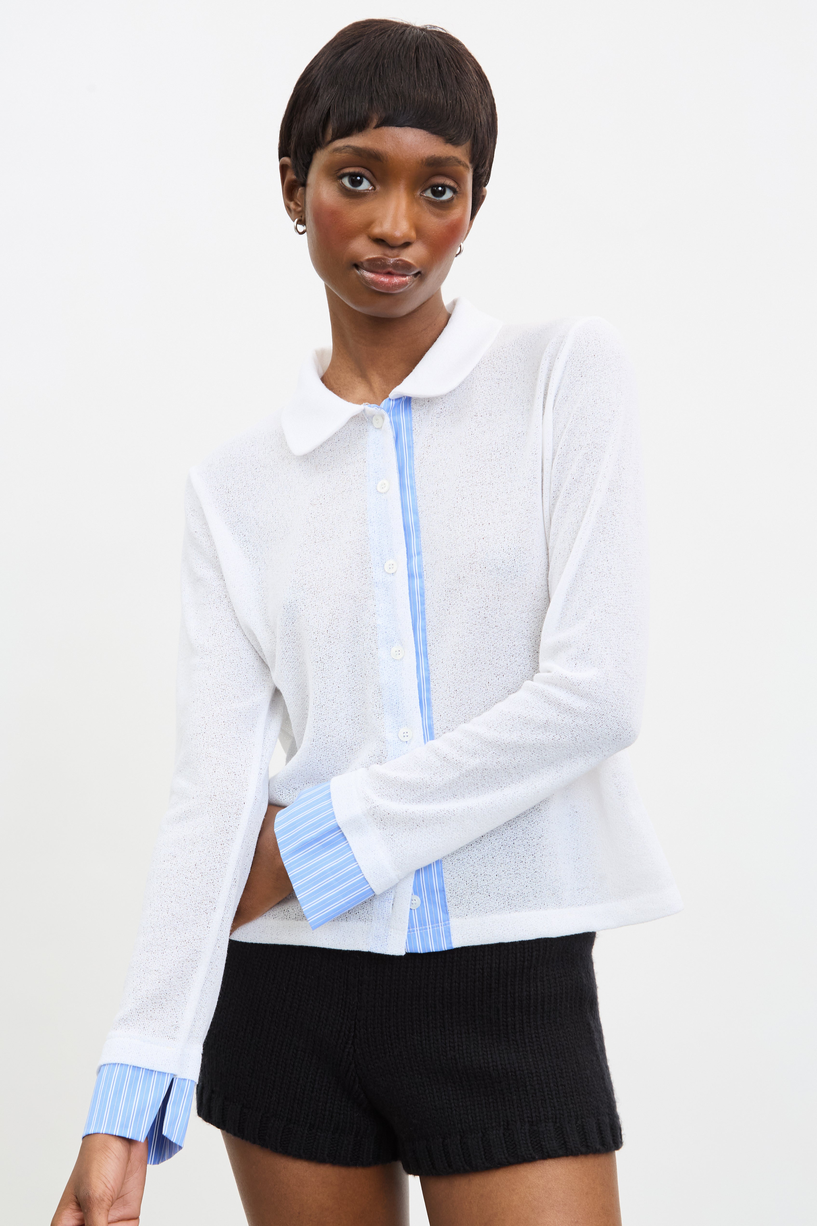 White and blue striped contrast trim button up shirt_1