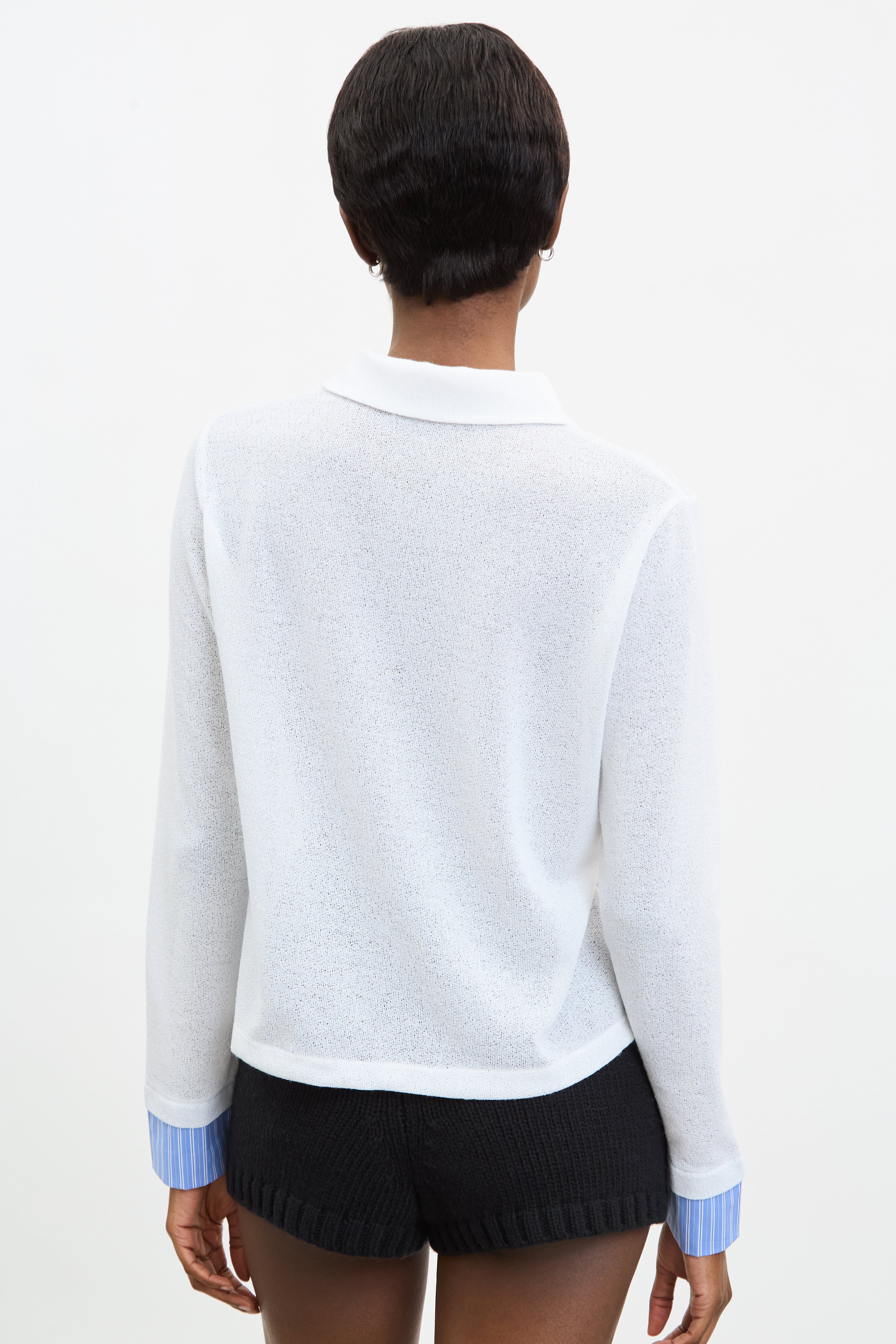 White and blue striped contrast trim button up shirt_2