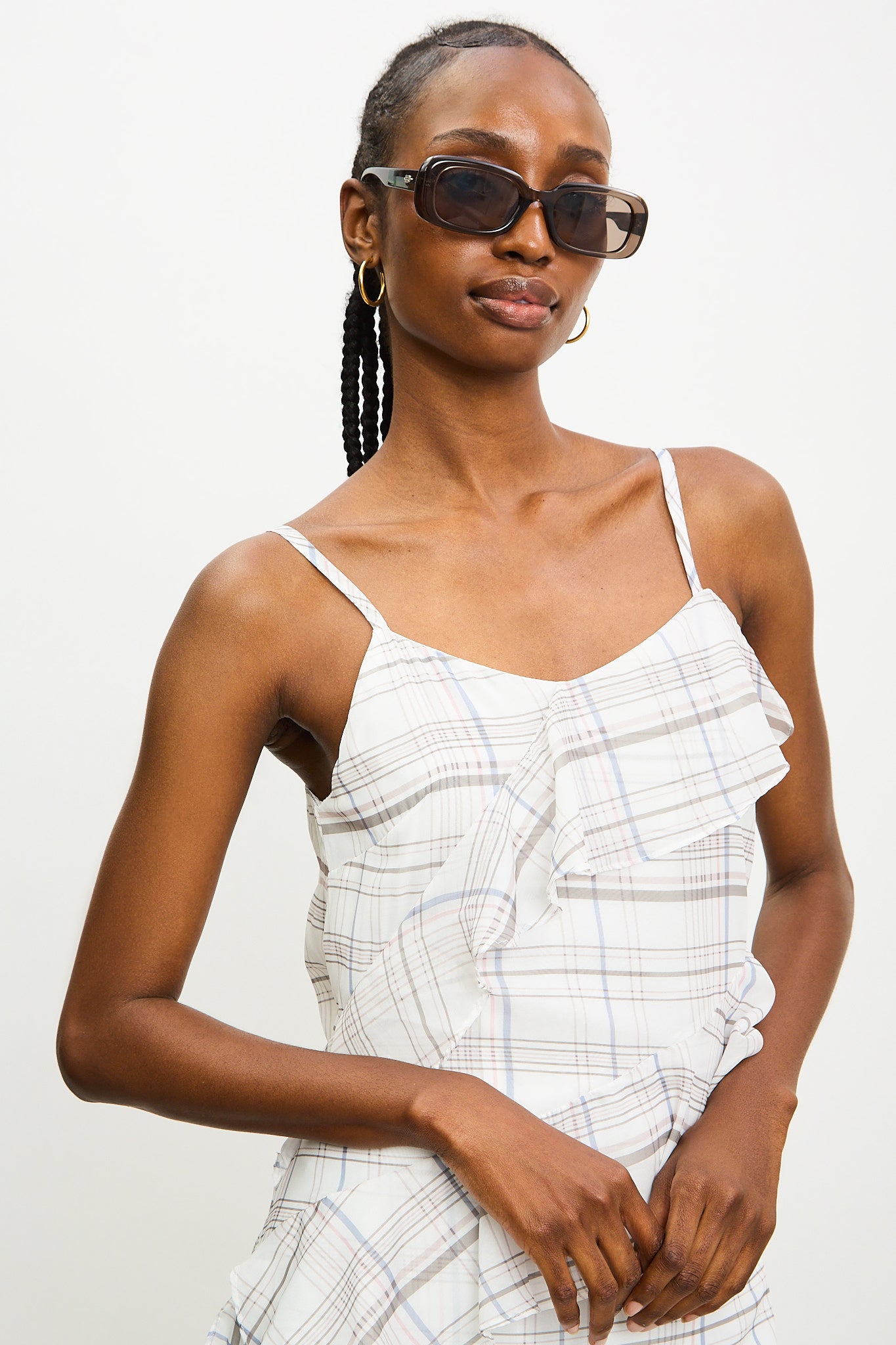 White and grey plaid cross ruffle midi dress_3