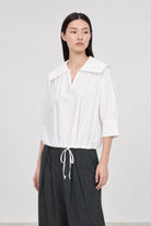 White blue giant collar drawstring hem blouse_1