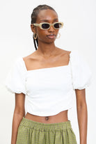White ribbed jersey contrast puff sleeve top_1