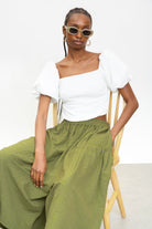 White ribbed jersey contrast puff sleeve top_5