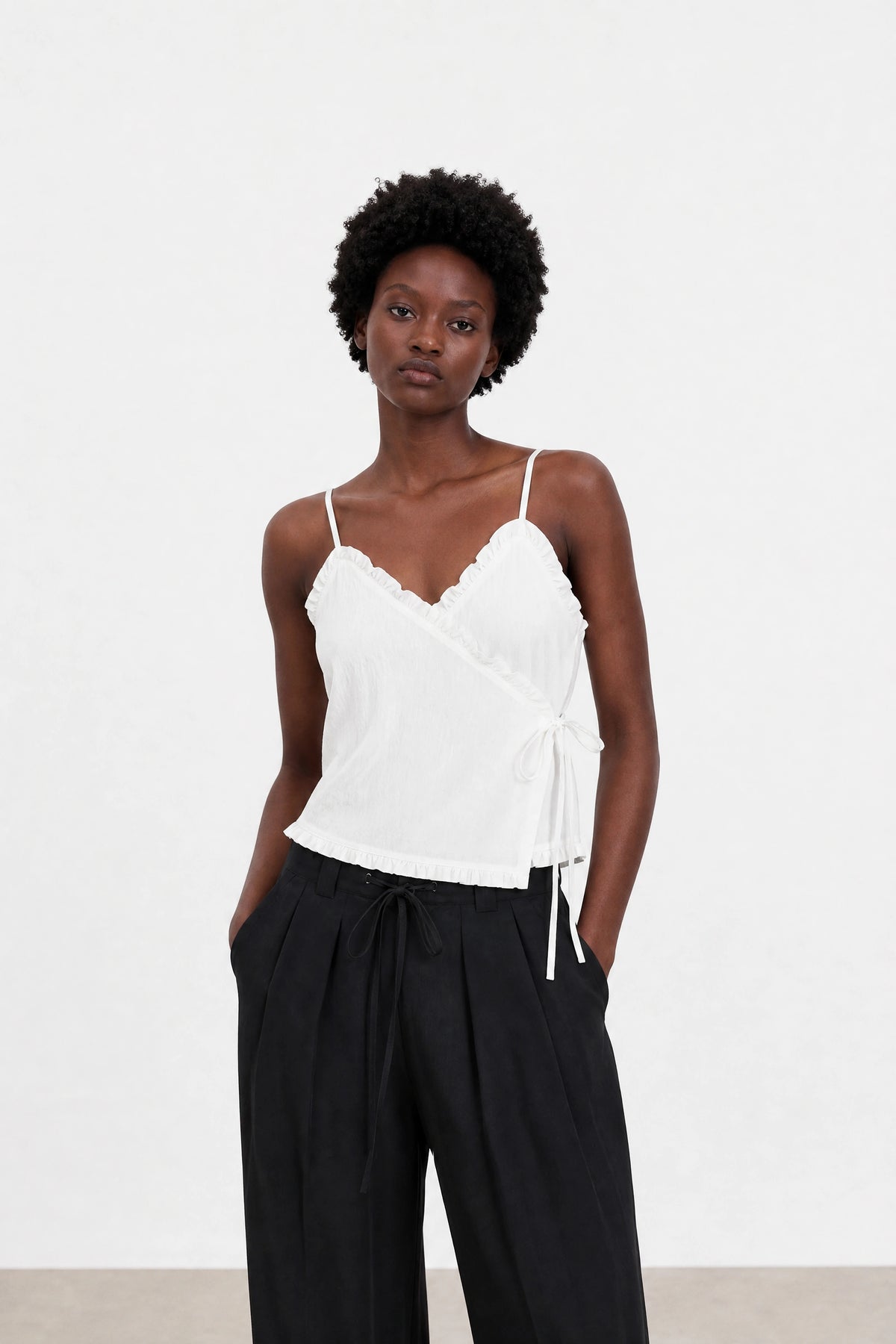 White ruffle trim tie waist tank_1