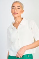 White waffle knit button up tee_1