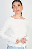 White wrinkled ruffle trim long sleeved top_1