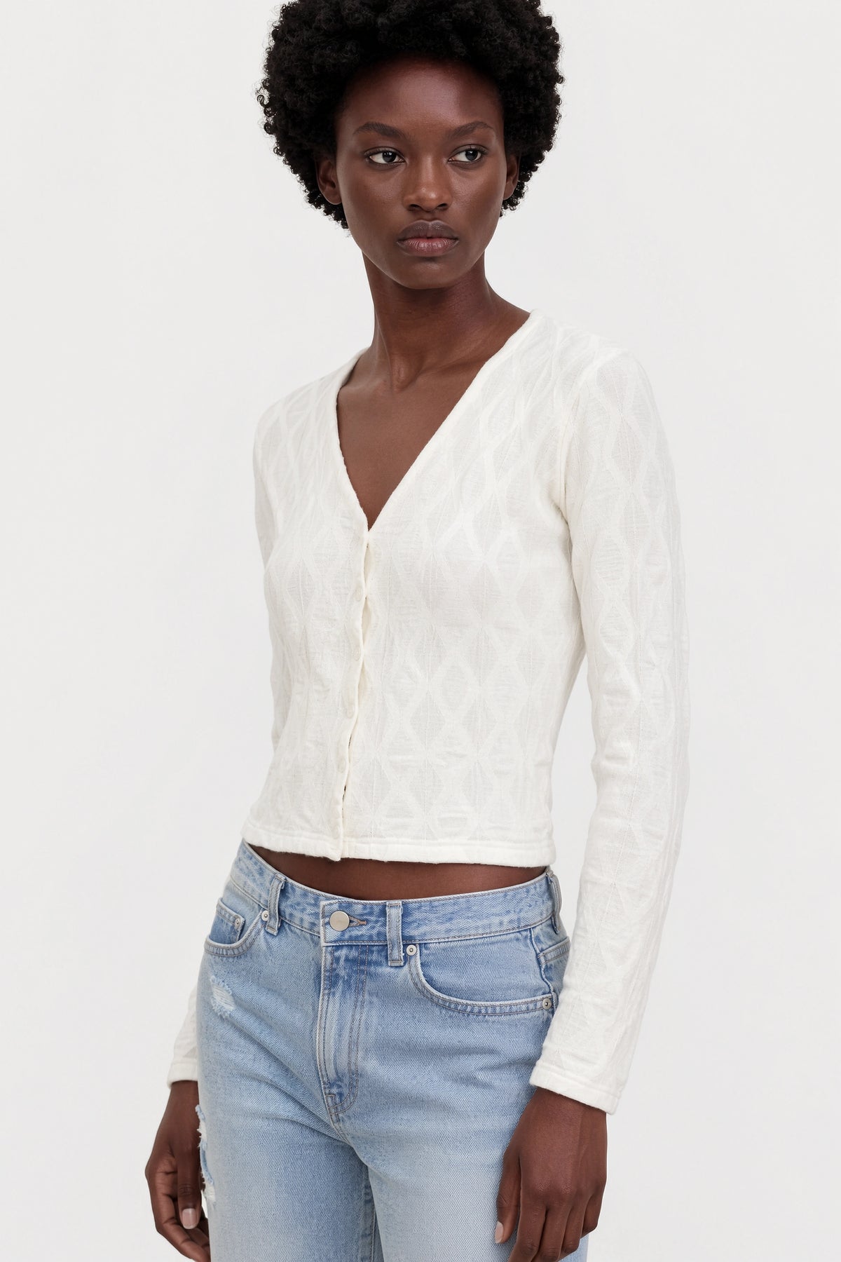 White diamond pattern button up top_1