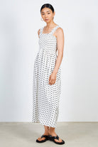 White and black polka dot ruched bodice dress_1
