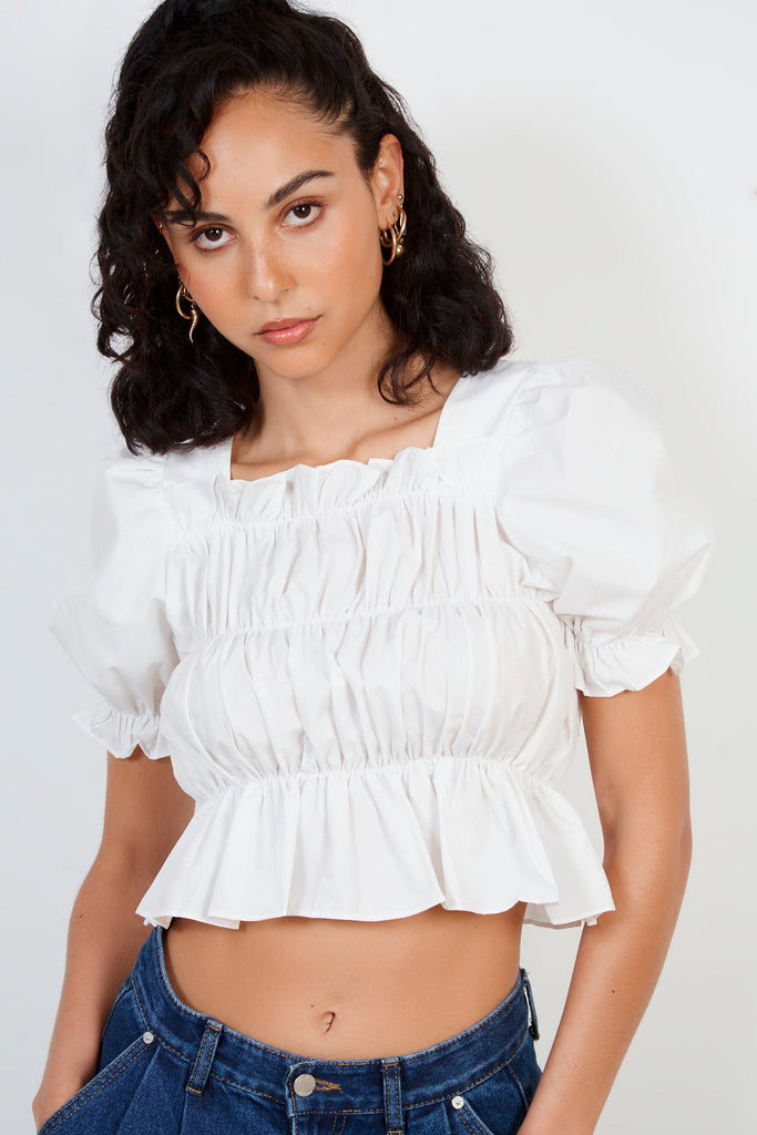 White ruched bodice short sleeve top_1
